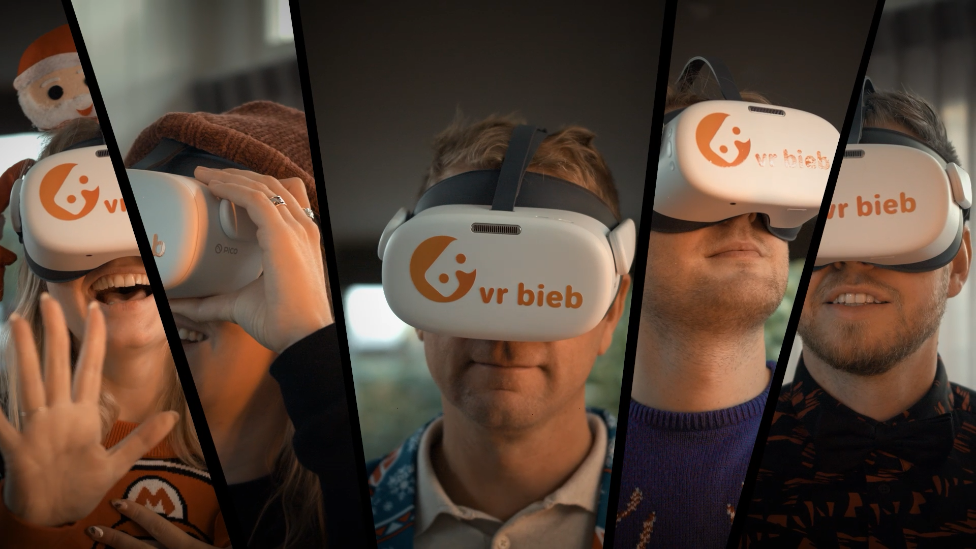 Mensen met een VR bril op die zwaaien naar hun geliefde in de bril